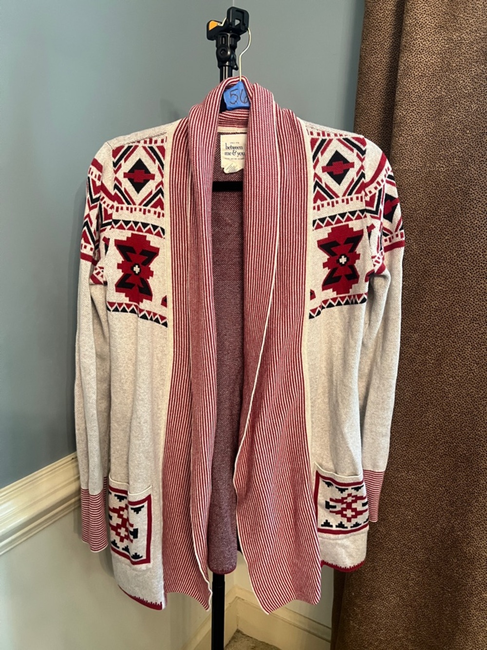 Cozy Tribal Open-Front Sweater Cardigan - Red & Cream